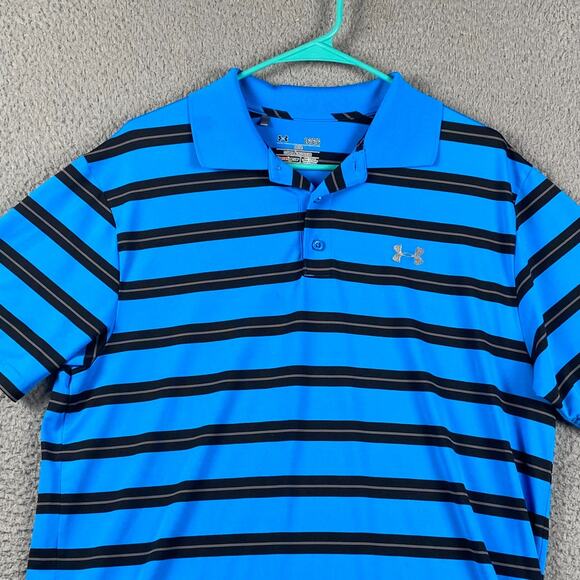 Under Armour Heatgear Golf Polo Shirt Men's Large Blue Striped Performance - Picture 1 of 8